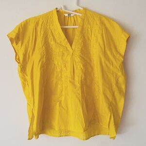 Uniqlo S Yellow Cotton Embroidery Short-Sleeve Blouse